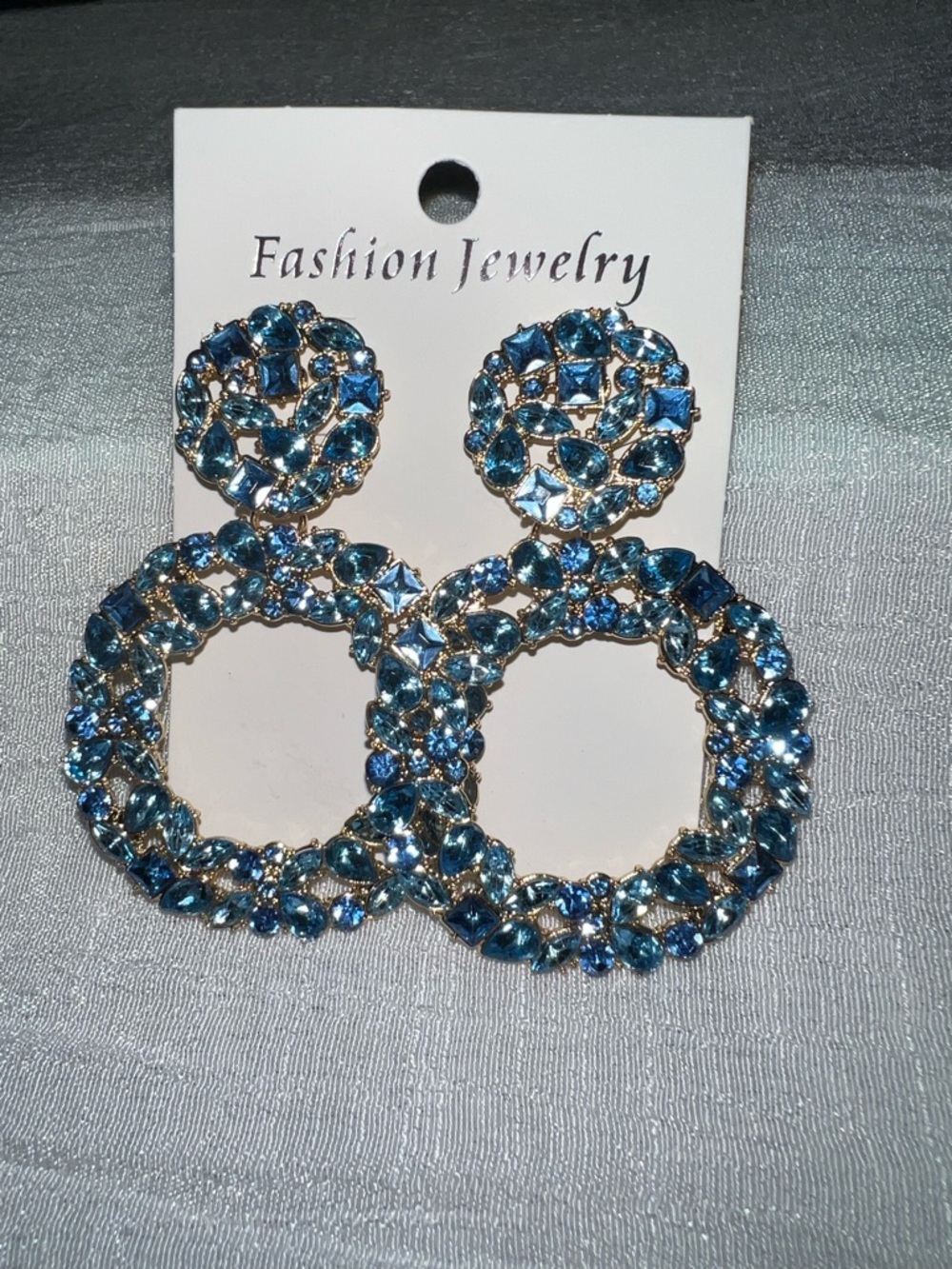 Fashion Jewelry Sparkling Aqua Blue Crystal Hoop Drop Earrings